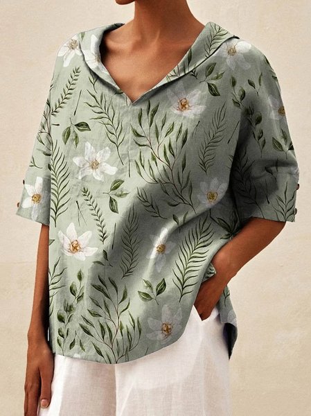 

Casual Loose Shawl Collar Floral Shirt, Green, Shirts & Blouses