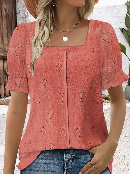Square Neck Short Sleeve Plain Regular Loose Shirt For Women, Rose red, Blouses