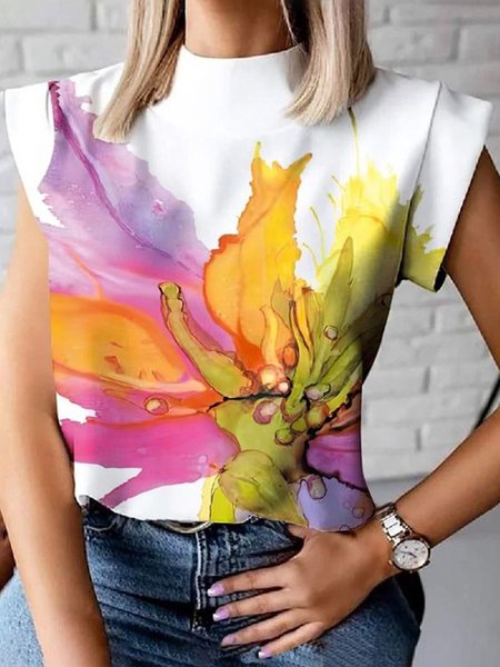Casual Daily Stand Collar Floral T-Shirt, White, Tees