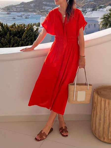 

Regular Fit Plain Vacation Short Sleeve Dress, Red, Maxi Dresses