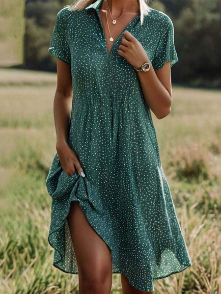 

JFN Polka Dots V Neck Shirt Collar Casual Loose Short Sleeve Summer Midi Dress, Green, Dresses