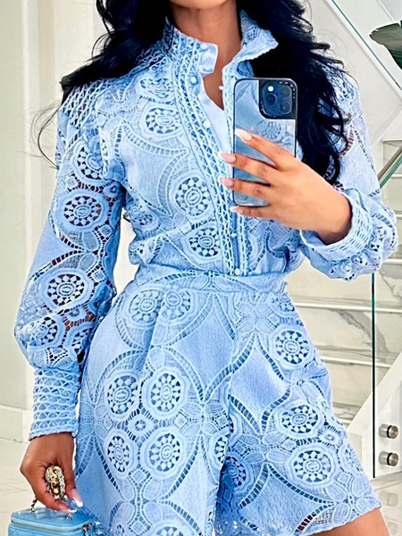 

Regular Fit Plain Stand Collar Long Sleeve Urban Lace Blouse, Blue, Blouses and Shirts