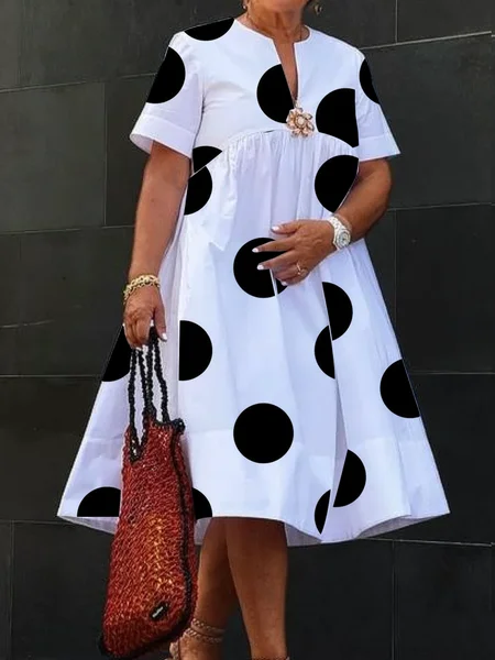 

Urban Loose Short Sleeve Others Polka Dots Midi Dress, White, Midi Dresses
