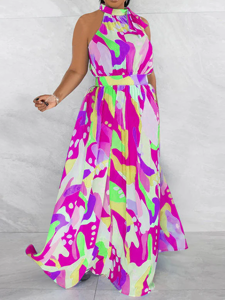 

Regular Fit Vacation Halter Sleeveless Abstract Maxi Dress, As picture, Maxi Dresses