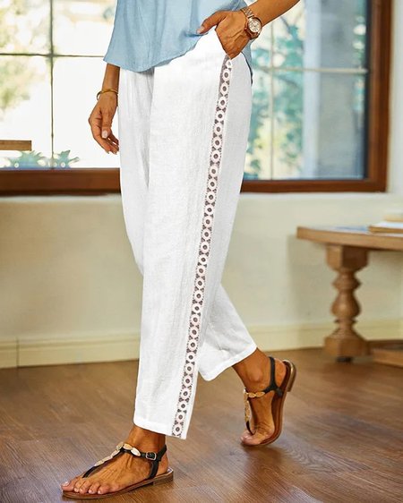Casual Loose Plain Cotton Pants, White, Pants