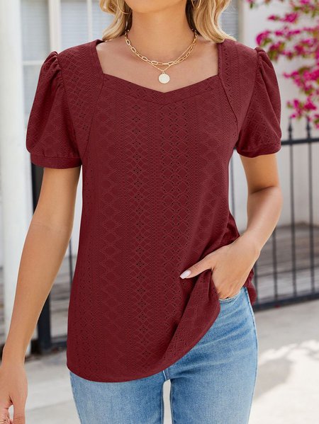 

Women Plain Sweetheart Neckline Casual Short Sleeve T-shirt, Wine red, Tees & T-shirts