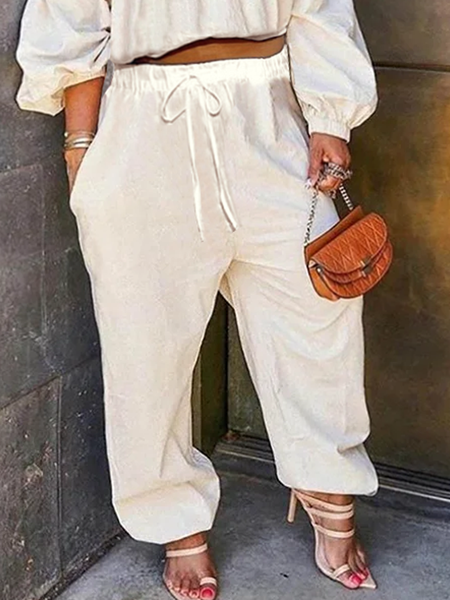 Plain Casual Loose Long Pants Ankle Banded Pants, Apricot, Pants