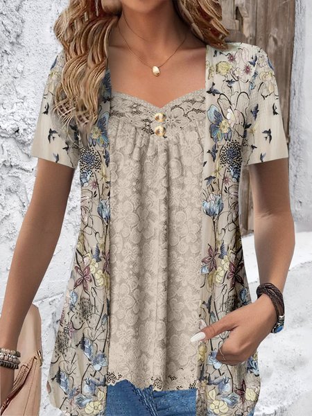 V Neck Short Sleeve Floral Lace Regular Loose Mock Two-Piece Shirt For Women, Khaki, Blouses
V Neck Short Sleeve Floral Lace Regular Loose Mock Two-Piece Shirt For Women, Khaki, Blouses