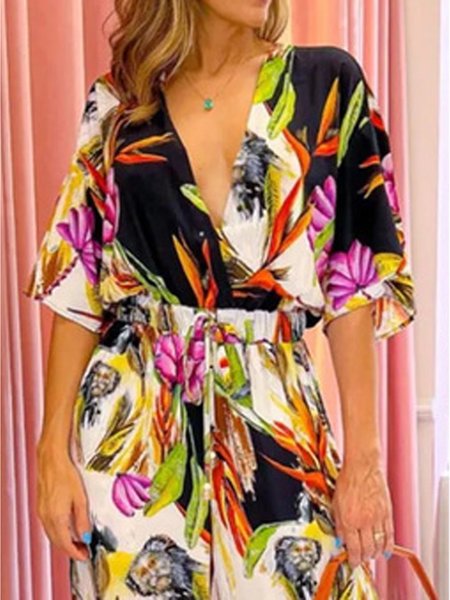 

Vacation Loose Plants V Neck Shirt, As picture, Blouses and Shirts