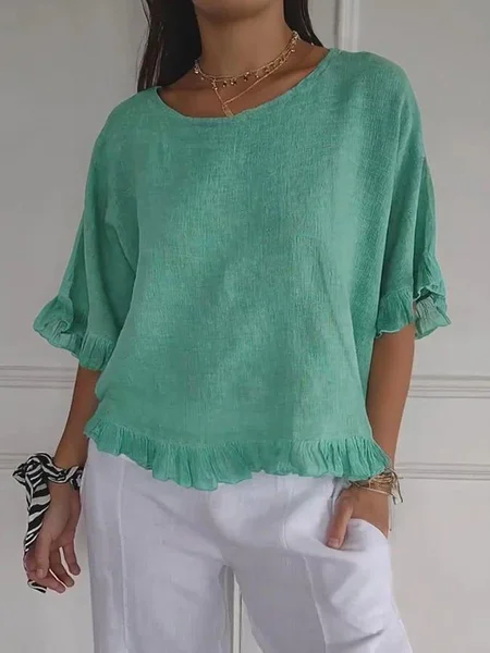 

Plain Cotton And Linen Simple Shirt, Green, Tees & T-shirts