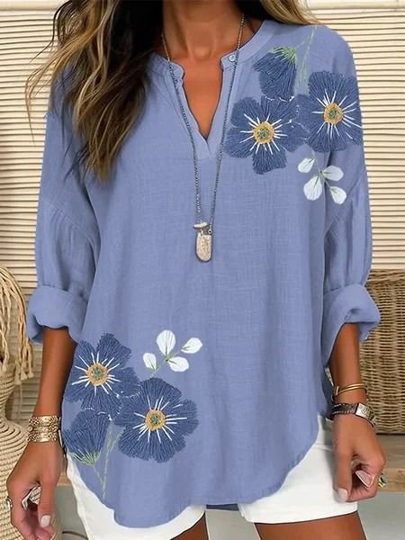 Notched Long Sleeve Floral Embroidery Regular Loose Shirt For Women, Blue, Blouses
Notched Long Sleeve Floral Embroidery Regular Loose Shirt For Women, Blue, Blouses