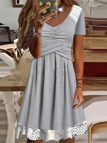 Women Plain V Neck Short Sleeve Comfy Casual Lace Short Dress, Gray, Dresses
Women Plain V Neck Short Sleeve Comfy Casual Lace Short Dress, Gray, Dresses