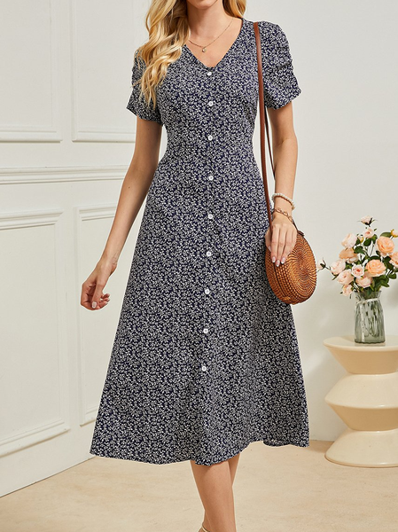 Floral Elegant Buttoned Dress, Dark blue, Dresses