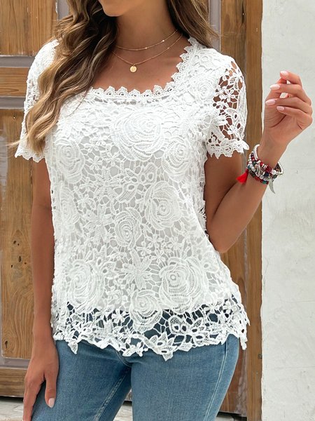 Square Neck Short Sleeve Floral Lace Regular Loose Shirt For Women, White, Blouses
Square Neck Short Sleeve Floral Lace Regular Loose Shirt For Women, White, Blouses