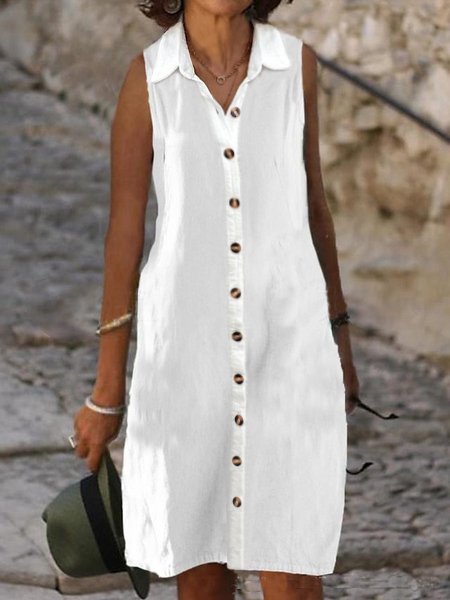 

Plain Loose Cotton Casual Dress With No, White, Midi Dresses