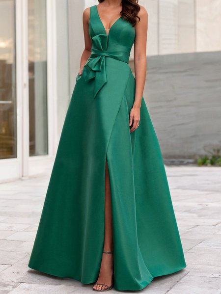 

Women's Summer V Neck Emerald Green Long Wedding Guest Formal Slit Dress With Bow, Dresses