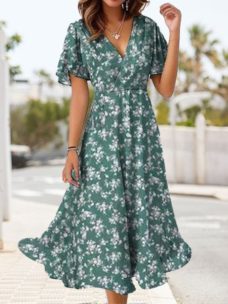 

Women's Short Sleeve Summer Green Sundress Small Floral V Neck Daily Vacation Midi Dress, Dresses