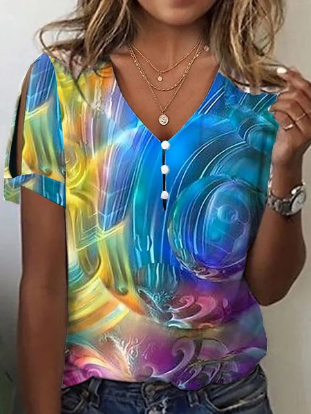 Casual Abstract V Neck Short Sleeve T-shirt, Blue, T-shirts