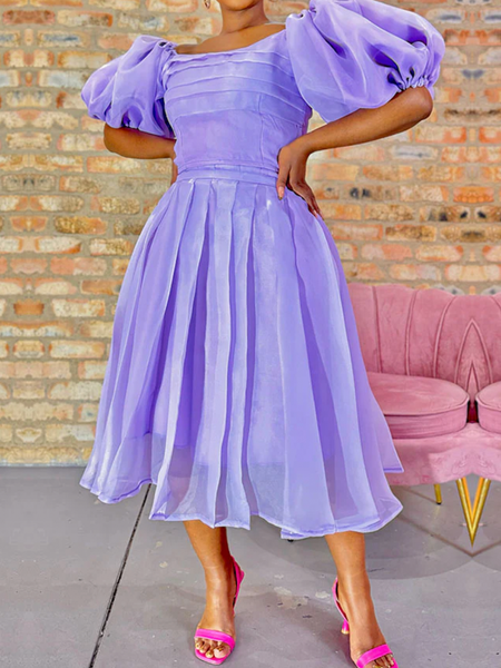 Elegant Boat Neck Short Sleeve Plain Regular Fit Midi Dress, Purple, Midi Dresses