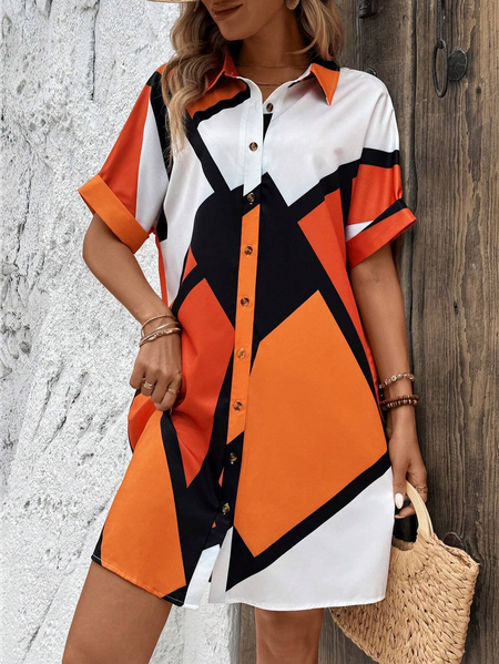 

Women's Short Sleeve Summer Geometric Shirt Dress Orange Knee Length Dress, Dresses