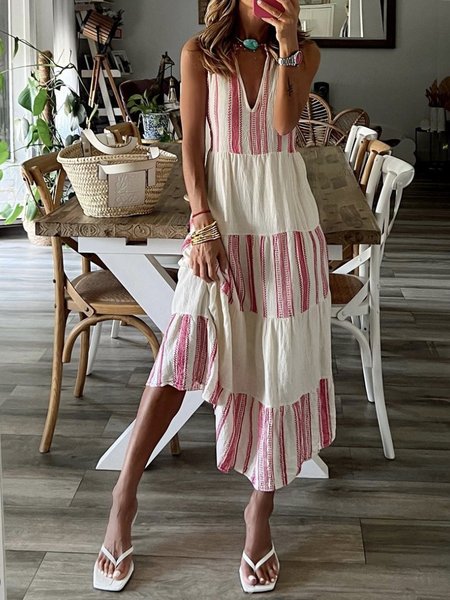 Women Striped Spaghetti Sleeveless Comfy Casual Maxi Dress, Red, Dresses