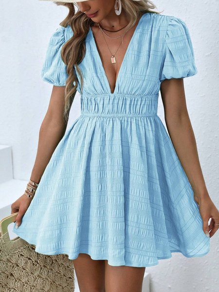 Women Plain V Neck Short Sleeve Comfy Casual Short Dress, Blue, Dresses