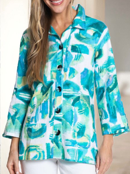 Shirt Collar Three Quarter Sleeve Geometric Regular Loose Blouse For Women, Green, Shirts
Shirt Collar Three Quarter Sleeve Geometric Regular Loose Blouse For Women, Green, Shirts