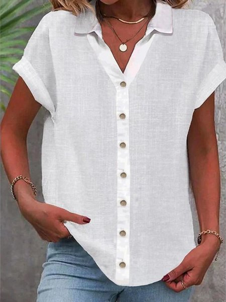 

Loose Shawl Collar Cotton Casual Blouse, White, Blouses & Shirts
