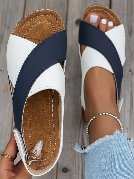 

Casual Color Block Velcro Wedge Heel Sandals, Black-white, Sandals