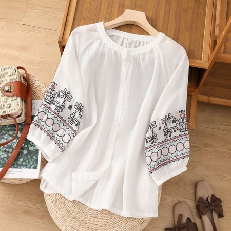 

Embroidery Patterns Casual Cotton Loose Blouse, White, Blouses & Shirts