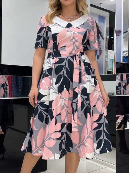 Women Floral Shirt Collar Short Sleeve Comfy Casual Midi Dress, Black-pink, Dresses
