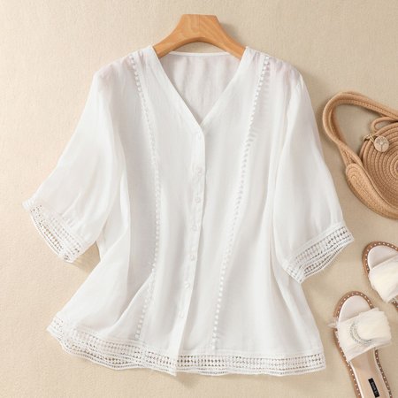 

V Neck Loose Cotton Casual Blouse, White, Blouses & Shirts