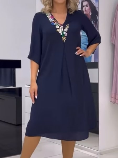 Women Plain V Neck Half Sleeve Comfy Casual Beaded Midi Dress, Blue, Dresses