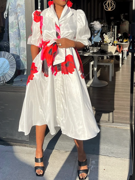 Regular Fit Shawl Collar Short Sleeve Elegant Midi Dress With Belt, White, Midi Dresses
Regular Fit Shawl Collar Short Sleeve Elegant Midi Dress With Belt, White, Midi Dresses