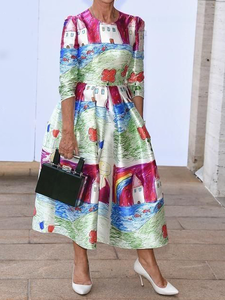 Regular Fit Abstract Elegant Crew Neck Half Sleeve Maxi Dress With No Belt, As picture, Maxi Dresses