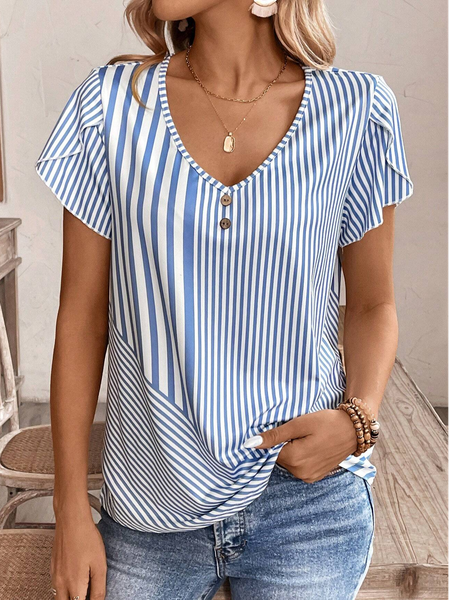 Women's Short Sleeve Blouse Summer Light Blue Striped Buckle V Neck Petal Sleeve Daily Going Out Casual Top, Shirts & Blouses
Women's Short Sleeve Blouse Summer Light Blue Striped Buckle V Neck Petal Sleeve Daily Going Out Casual Top, Shirts & Blouses