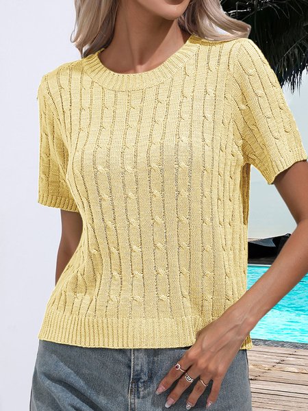 Crew Neck Short Sleeve Plain Regular Micro-Elasticity Loose Blouse For Women, Light yellow, Blouses