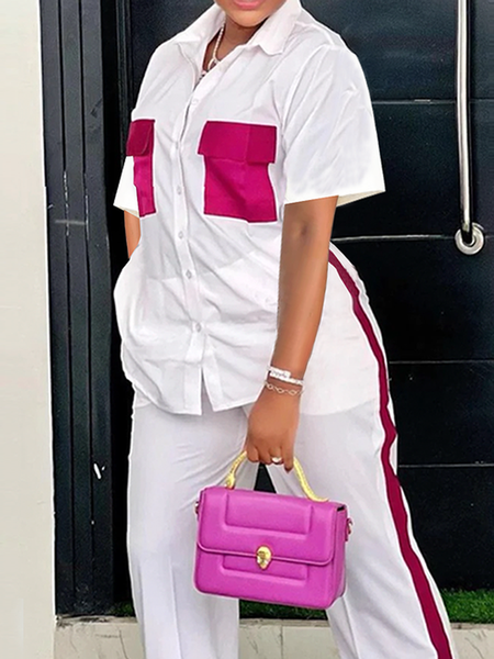 Loose Color Block Shirt Collar Short Sleeve Urban Blouse, White, Blouses and Shirts
Loose Color Block Shirt Collar Short Sleeve Urban Blouse, White, Blouses and Shirts