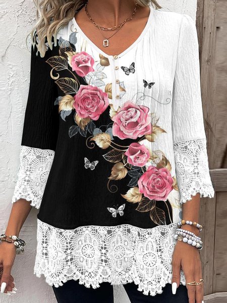 V Neck Long Sleeve Floral Regular Loose Shirt For Women, White, Blouses
