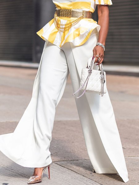 Plain Regular Fit Urban Wide leg Pants, White, Pants