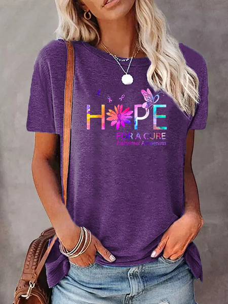 Casual Text Letters Crew Neck Short Sleeve T-shirt, Purple, T-shirts