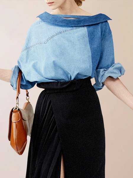 Shawl Collar Color Block Loose Casual Denim Top, Blue, Tops