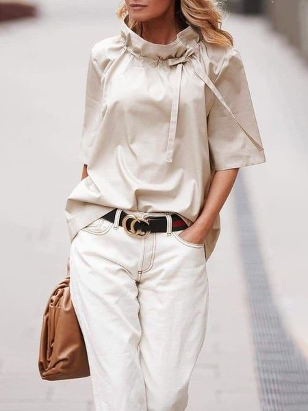 Stand Collar Plain Urban Loose Shirt, As picture, Blouses and Shirts