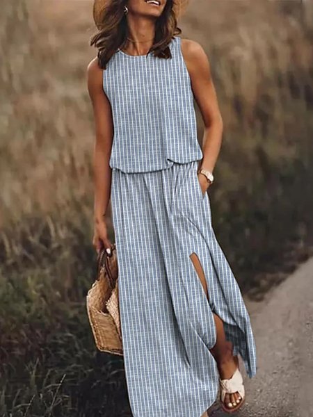 Women Striped Crew Neck Sleeveless Comfy Casual Maxi Dress, Blue, Dresses