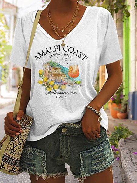 Casual Text Letters V Neck Short Sleeve T-shirt, White, T-shirts