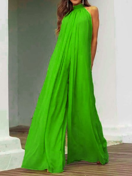 Urban Plain Mock Neck Jumpsuit, Green, Jumpsuits
