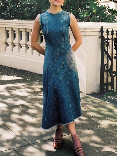 Casual Regular Fit Crew Neck Plain Denim Dress, Blue, Midi Dresses
