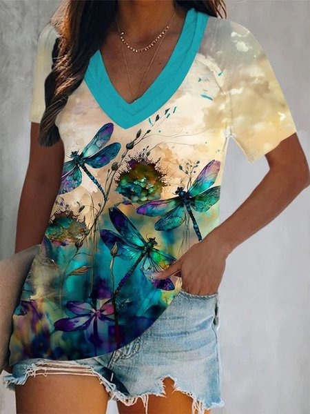 Casual Dragonfly V Neck Short Sleeve T-shirt, Blue, T-shirts