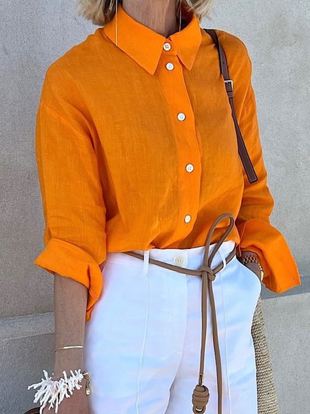 Daily Casual Shirt Collar Plain Regular Fit Blouse, Orange, Blouses and Shirts