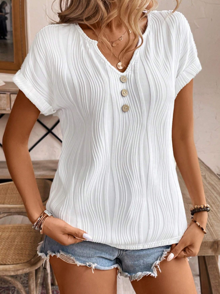 V Neck Short Sleeve Plain Regular Loose Shirt For Women, White, Blouses